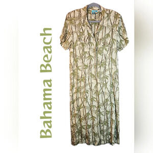 Bahama Beach Womens Bamboo Tropical Print Full Front Button Shirt Dress Sz M